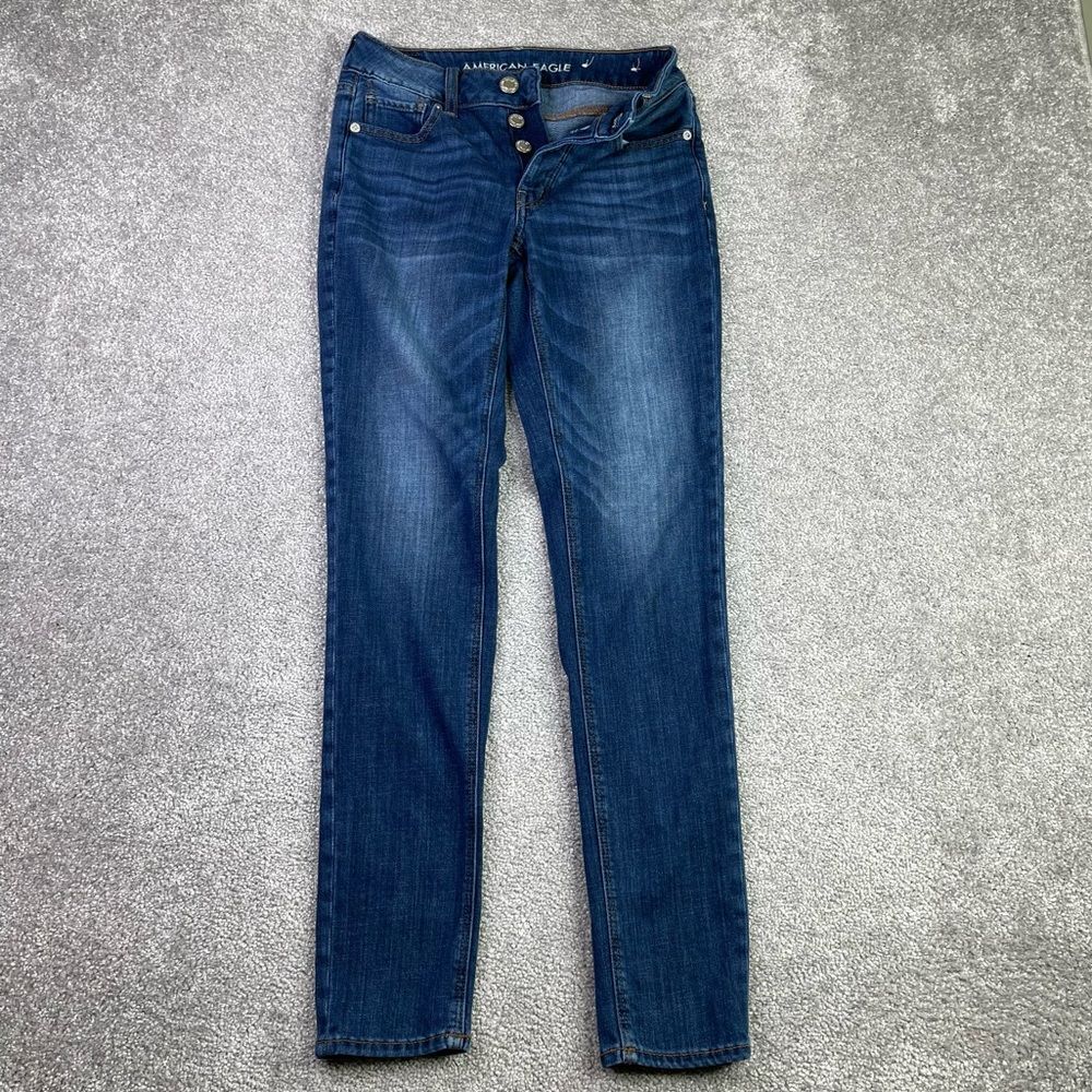 American Eagle Tomgirl Jeans Womens 00 Long Blue Skinny Low Rise Dark Button Fly
